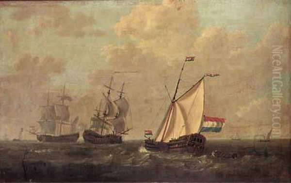 A Cutter Of The Dutch East India
 Company And Two Men-o-war Withother Shipping, A Town On The Horizon Oil Painting by Jacob Van Stry