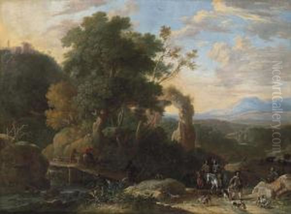 A Wooded, River Landscape With 
Ruins,a Hunting Party In The Right Foreground Indistinctly Oil Painting by Herman Van Swanevelt