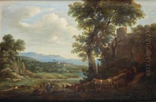 A Rocky Landscape With Shepherds And Their Cattle Oil Painting by Herman Van Swanevelt