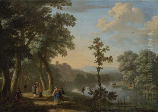 An Italianate River Landscape 
With Figures Along A Path, Afisherman And Cattle Watering On The 
Opposite Bank Oil Painting by Herman Van Swanevelt