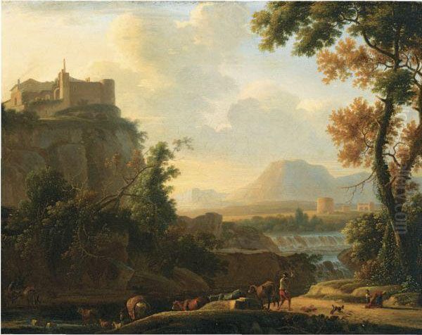 A Southern Landscape With 
Peasants And Their Cattle Crossing Astream, A Hill Town Above And A 
Waterfall Beyond Oil Painting by Herman Van Swanevelt