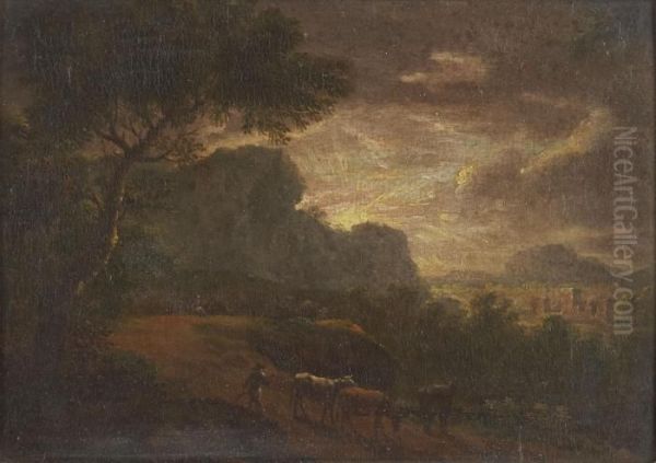 A Shepherd And Flock On A Wooded Country Path By Moonlight Oil Painting by Herman Van Swanevelt