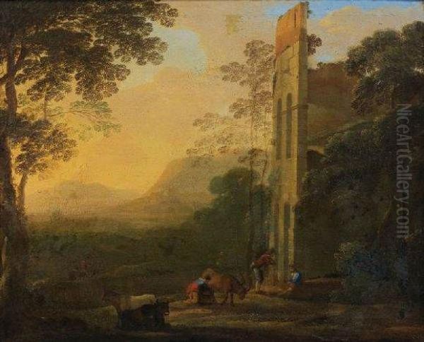 Berger Se Reposant Pres De Ruines Antiques Oil Painting by Herman Van Swanevelt