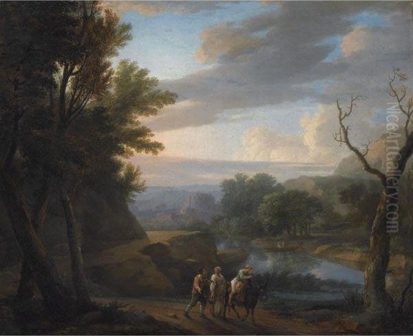 An Italianate Wooded Landscape With Travellers On A Path Along The Riverside Oil Painting by Herman Van Swanevelt