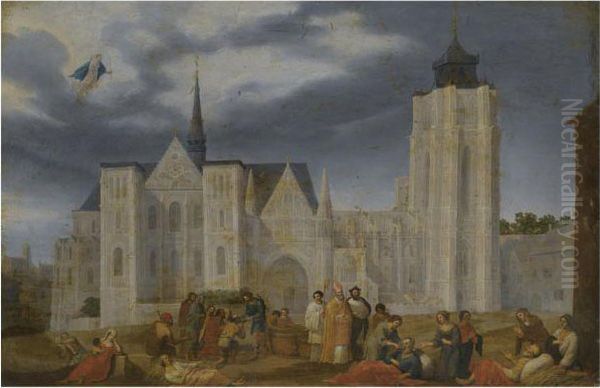 A Bishop Blessing The Sick Outside His Church Oil Painting by Herman Van Swanevelt