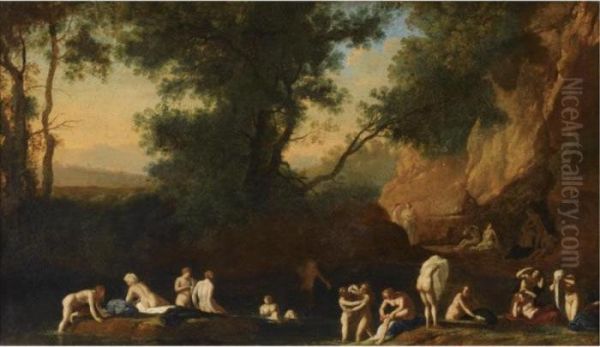 Bathing Nymphs In An Italianate Landscape Oil Painting by Herman Van Swanevelt