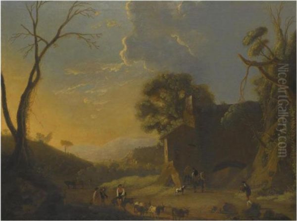 An Extensive Italianate 
Landscape With Travellers And Goat Herders Resting In The Foreground Oil Painting by Herman Van Swanevelt