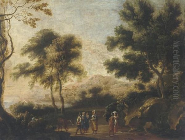 Travelers In A Wooded Landscape, By A Bay Oil Painting by Herman Van Swanevelt