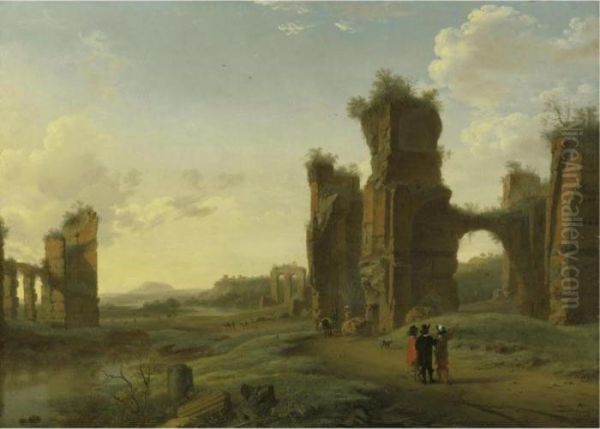 An Italianate Landscape With Three Figures Surveying The Land Oil Painting by Herman Van Swanevelt