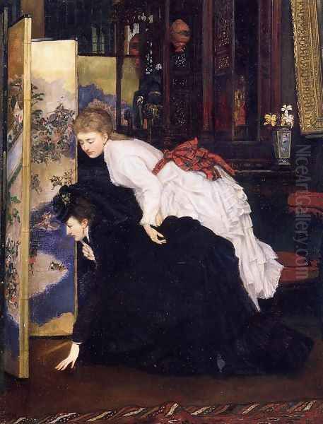 Young Women Looking At Japanese Objects 2 Oil Painting by James Jacques Joseph Tissot