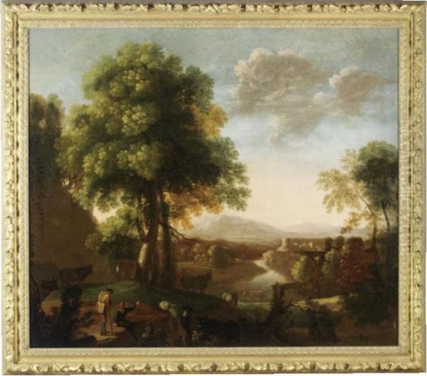 Italianate Landscape With Drovers And Cattle In A River Valley Oil Painting by Herman Van Swanevelt