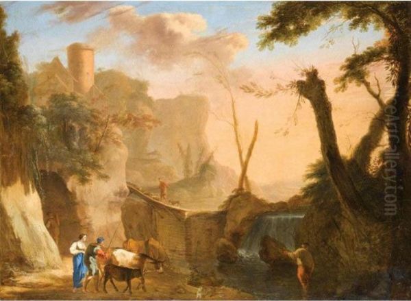 Italianate Landscape With Figures Cattle And Sheep Crossing A Dam Oil Painting by Herman Van Swanevelt