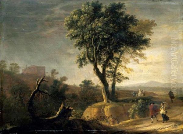 An Italianate Landscape With Travellers On A Path Oil Painting by Herman Van Swanevelt