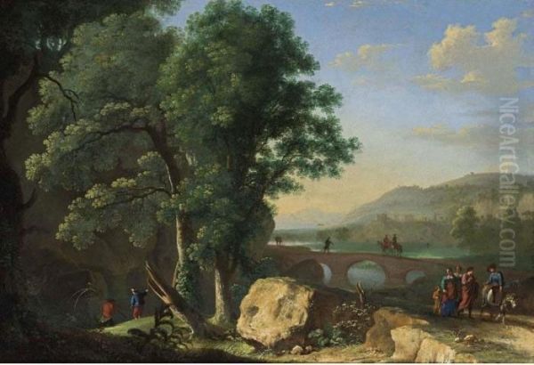 An Italianate Landscape With 
Figures Together With A Man On A Donkey In The Foreground, Fishermen 
Near A River, And Horsemen And Other Figures On A Bridge Beyond Oil Painting by Herman Van Swanevelt