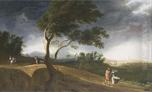 A Wooded Landscape In Stormy 
Weather With Travellers On A Path, And Huntsmen And Horsemen On A 
Bridge, A Fortified Town In The Distance Oil Painting by Herman Van Swanevelt