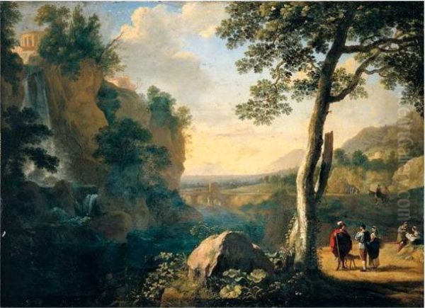 A Southern Landscape With A 
Fisherman And Figures Conversing On A Road Beside A Waterfall, A Hill 
Town Above And A Bridge Beyond Oil Painting by Herman Van Swanevelt