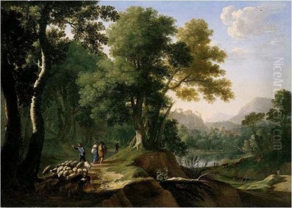 A Southern Landscape With 
Travellers, A Drover And Sheep On A Track Above A Lake, A Hill-top Town 
In The Distance Oil Painting by Herman Van Swanevelt