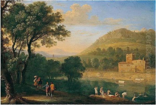 An Italianate River Landscape With Figures Bathing Oil Painting by Herman Van Swanevelt