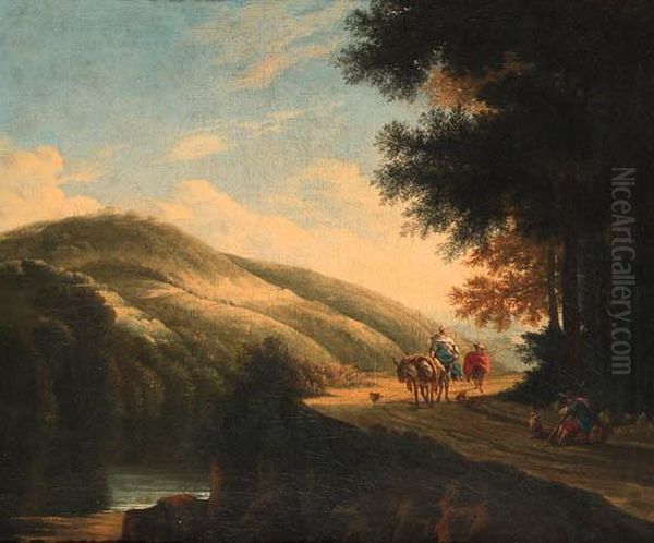 Muleteers On A Road By A River In An Italianate Landscape Oil Painting by Herman Van Swanevelt