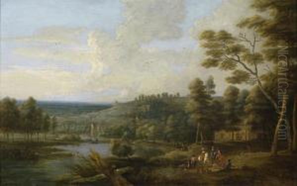 A Broad Landscape With Huntsmen By Ariver Oil Painting by Lucas Van Uden