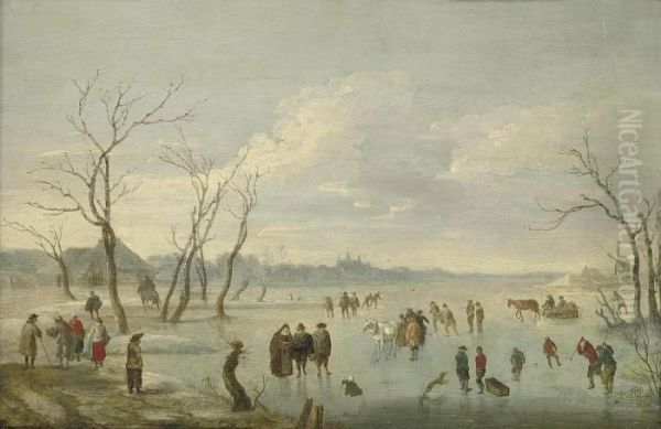 A Winter Landscape With Skaters And Kolf Players On A Frozenriver Oil Painting by Lucas Van Uden