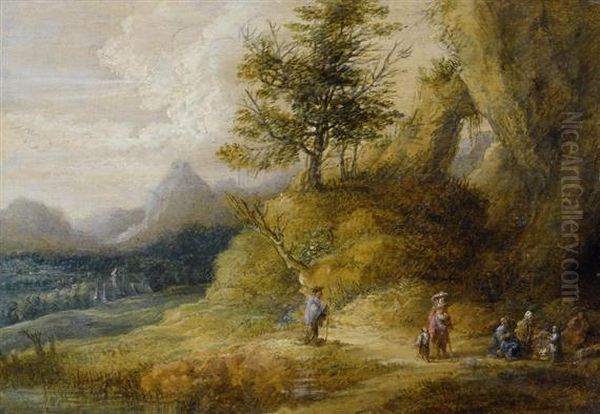 Broad Landscape With Travellers Near A Fire. Oil Painting by Lucas Van Uden