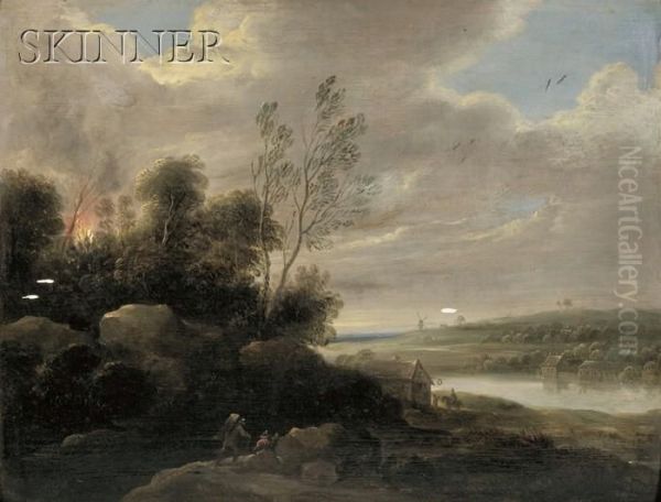 River Landscape With Travelers On A Rocky Path Oil Painting by Lucas Van Uden