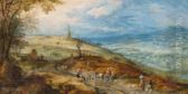 Paysans Sur Un Chemin Devant Un Paysage Panoramique Oil Painting by Lucas Van Uden