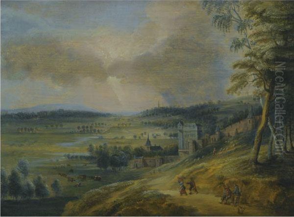 An Extensive Landscape With Figures On A Path To The Right, A Townbeyond Oil Painting by Lucas Van Uden