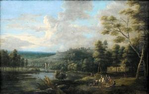 An Extensive Landscape With A Hawking Party Atthe Shores Of A Lake Oil Painting by Lucas Van Uden