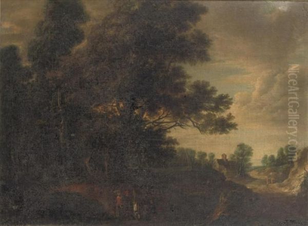 Travellers On A Path In A Forest Landscape Oil Painting by Lucas Van Uden