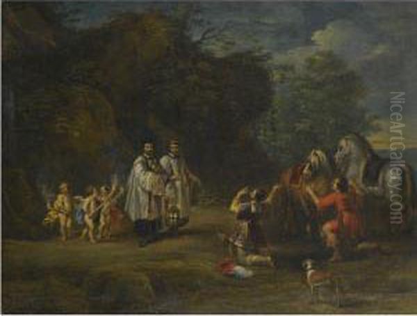 A Nobleman And His Servant Dismount To Honour The Blessed Sacrament Oil Painting by Lucas Van Uden