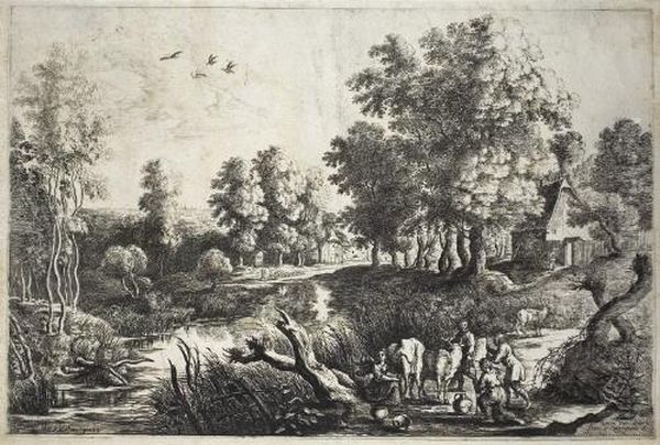 Bauern Mit Vieh In Der Nahe Eines Baches Oil Painting by Lucas Van Uden