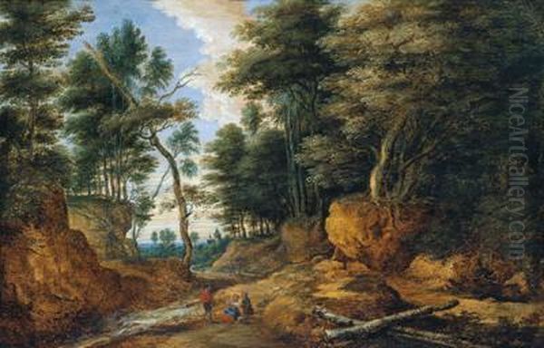 Paesaggio Boschivo Con Viandanti In Riposo Presso Un Torrente Oil Painting by Lucas Van Uden