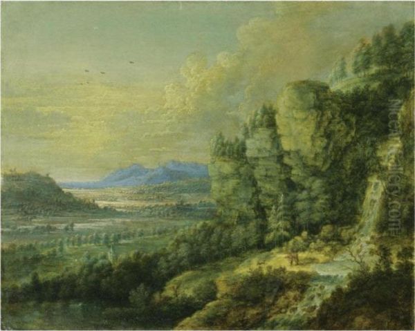 An Extensive Landscape With A Waterfall Oil Painting by Lucas Van Uden