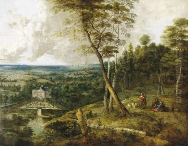 Landsce With Figures And Castle In The Valley Oil Painting by Lucas Van Uden