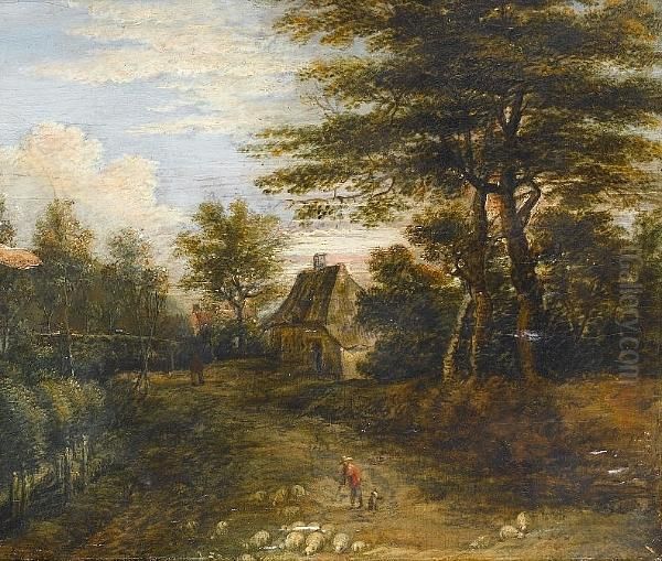 A Wooded Landscape With A Shepherd And His Flock On A Country Path Oil Painting by Lucas Van Uden