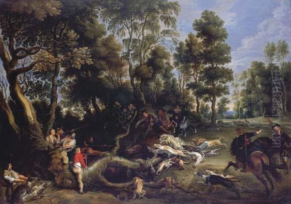 A Boar Hunt In A Wooded Landscape Oil Painting by Lucas Van Uden