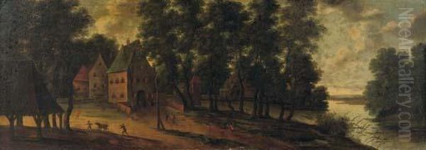 A Wooded Landscape With A Village And Travellers On A Path Oil Painting by Lucas Van Uden