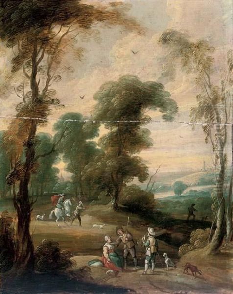 A Wooded Landscape With A Hawking Party On A Track Oil Painting by Lucas Van Uden