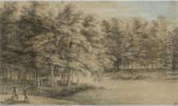 Wooded Landscape With Two Men Hawking By A Pond Oil Painting by Lucas Van Uden