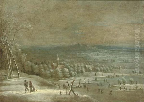 An Extensive Winter Landscape With Travellers On A Path And Skaters On A Frozen Lake Oil Painting by Lucas Van Uden