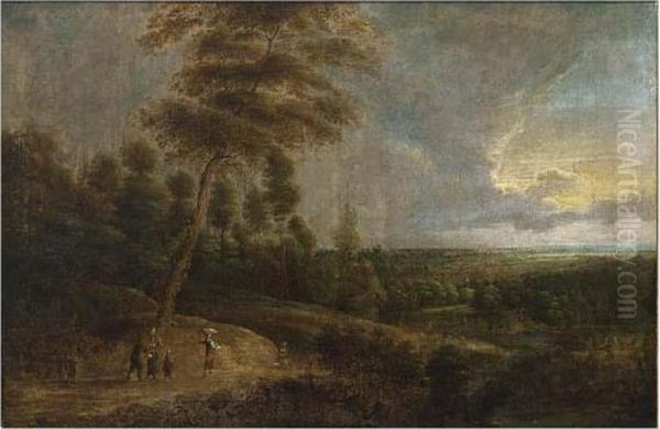 An Extensive Wooded Landscape With Travellers On A Path Oil Painting by Lucas Van Uden