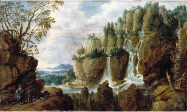 An Extensive Alpine Landscape With Travellers And Dogs Below A Large Waterfall Oil Painting by Lucas Van Uden