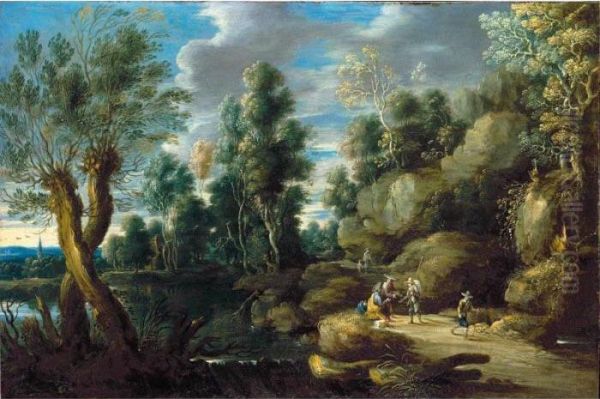 A River Landscape With Figures Conversing On A Road Oil Painting by Lucas Van Uden