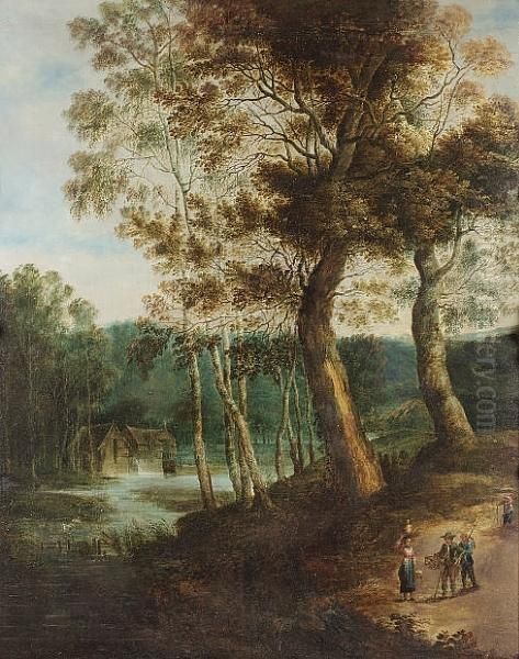 A Wooded River Landscape With Figures On A Track Oil Painting by Lucas Van Uden