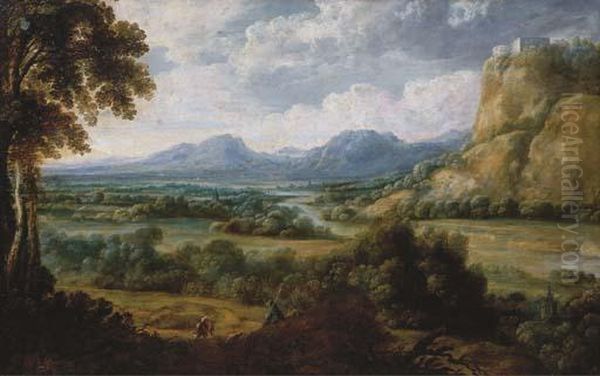 An Extensive River Landscape With A Herdsman Resting On A Path, Mountains Beyond Oil Painting by Lucas Van Uden