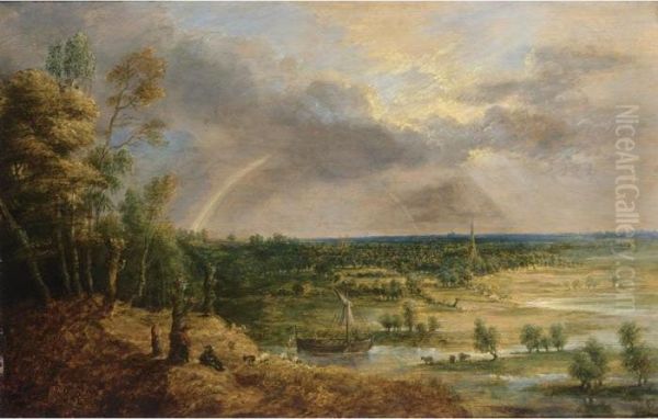 A Panoramic River Landscape With
 A Rainbow, Together With A Sailing Boat And Shepherds Resting With 
Their Herd In The Foreground Oil Painting by Lucas Van Uden