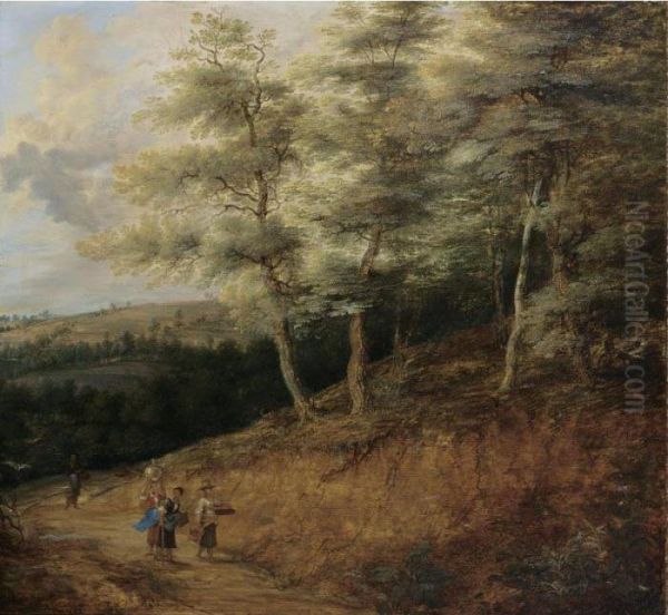 A Wooded Landscape With A Woman 
Carrying A Waterjug On A Path, Together With Other Women Carrying 
Baskets Nearby Oil Painting by Lucas Van Uden