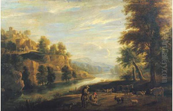 Le Repos Des Bergers Et De Leur Troupeau Pres De La Riviere Oil Painting by Lucas Van Uden